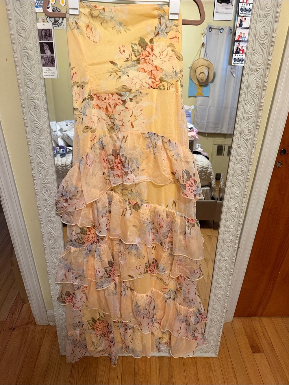 Floral Ruffled Strapless Maxi Dress - Yellow